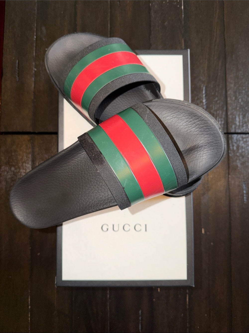 Gucci Black Slides with Signature Red and Green Stripes